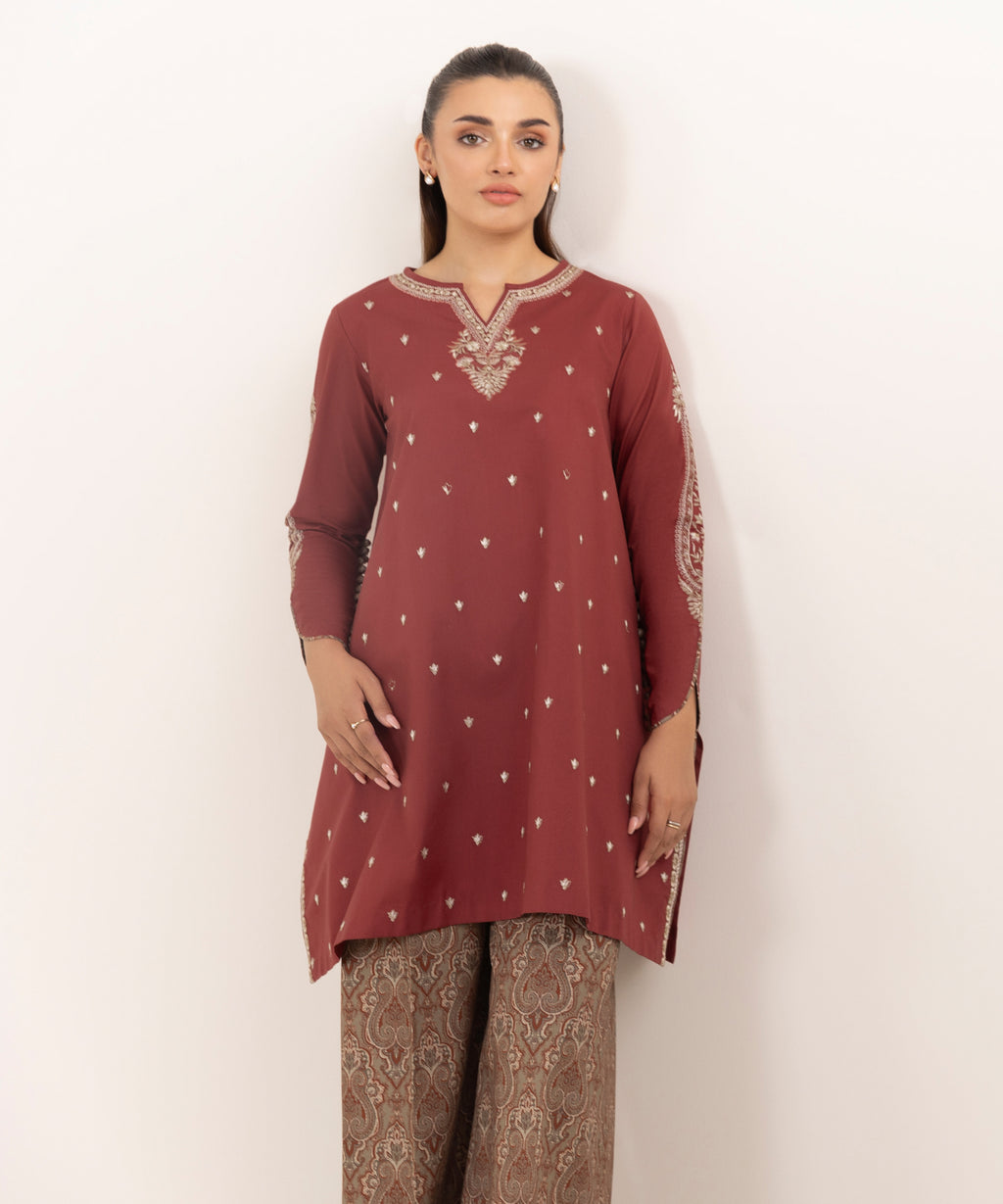 Women's Unstitched Cotton Embroidered Red Two Piece Suit