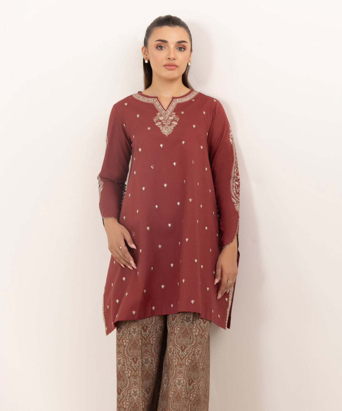 Women's Unstitched Cotton Embroidered Red Two Piece Suit