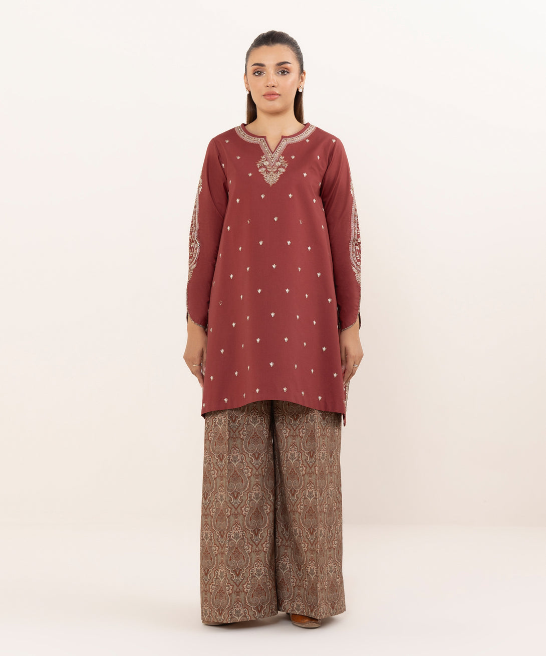 Women's Unstitched Cotton Embroidered Red Two Piece Suit