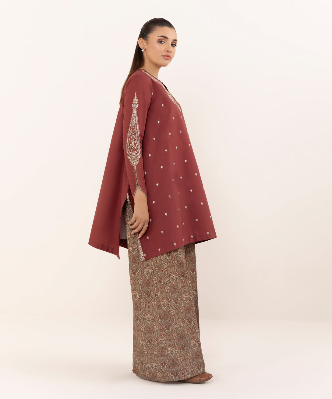 Women's Unstitched Cotton Embroidered Red Two Piece Suit
