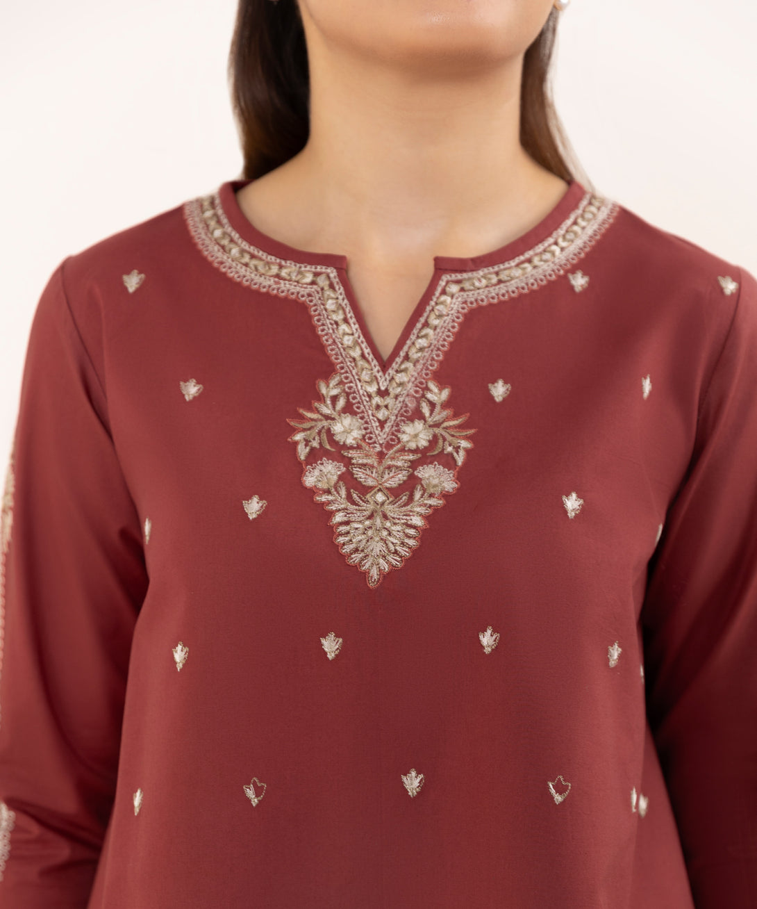 Women's Unstitched Cotton Embroidered Red Two Piece Suit