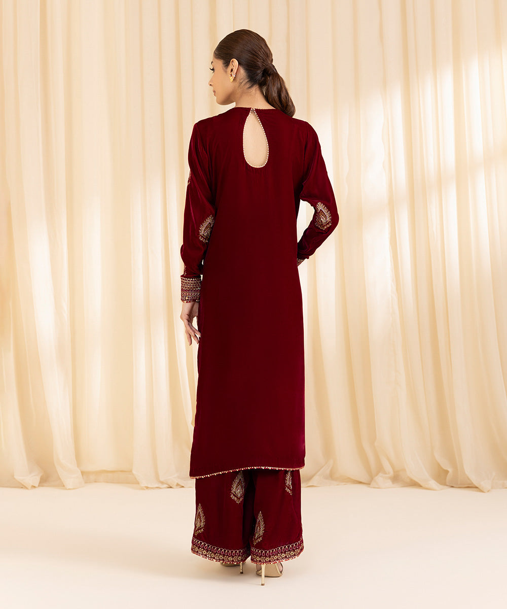 Women's Unstitched Velvet Red 2 Piece Suit