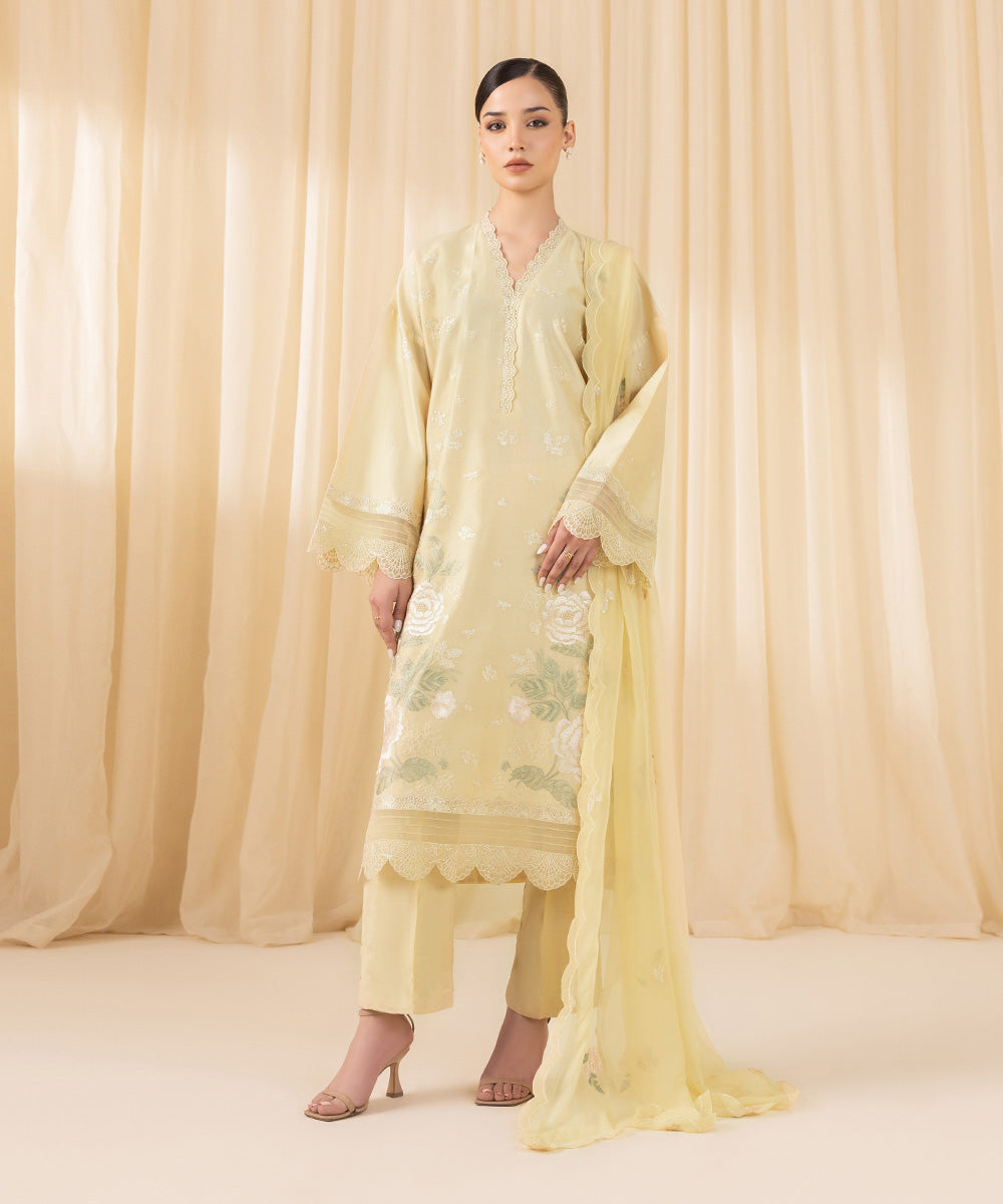 Women's Unstitched Embroidered Silk Cotton Net Yellow 3 Piece Suit