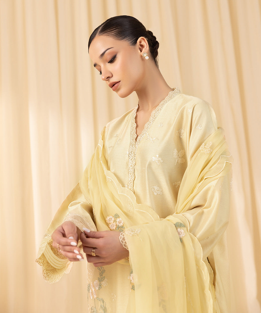 Women's Unstitched Embroidered Silk Cotton Net Yellow 3 Piece Suit