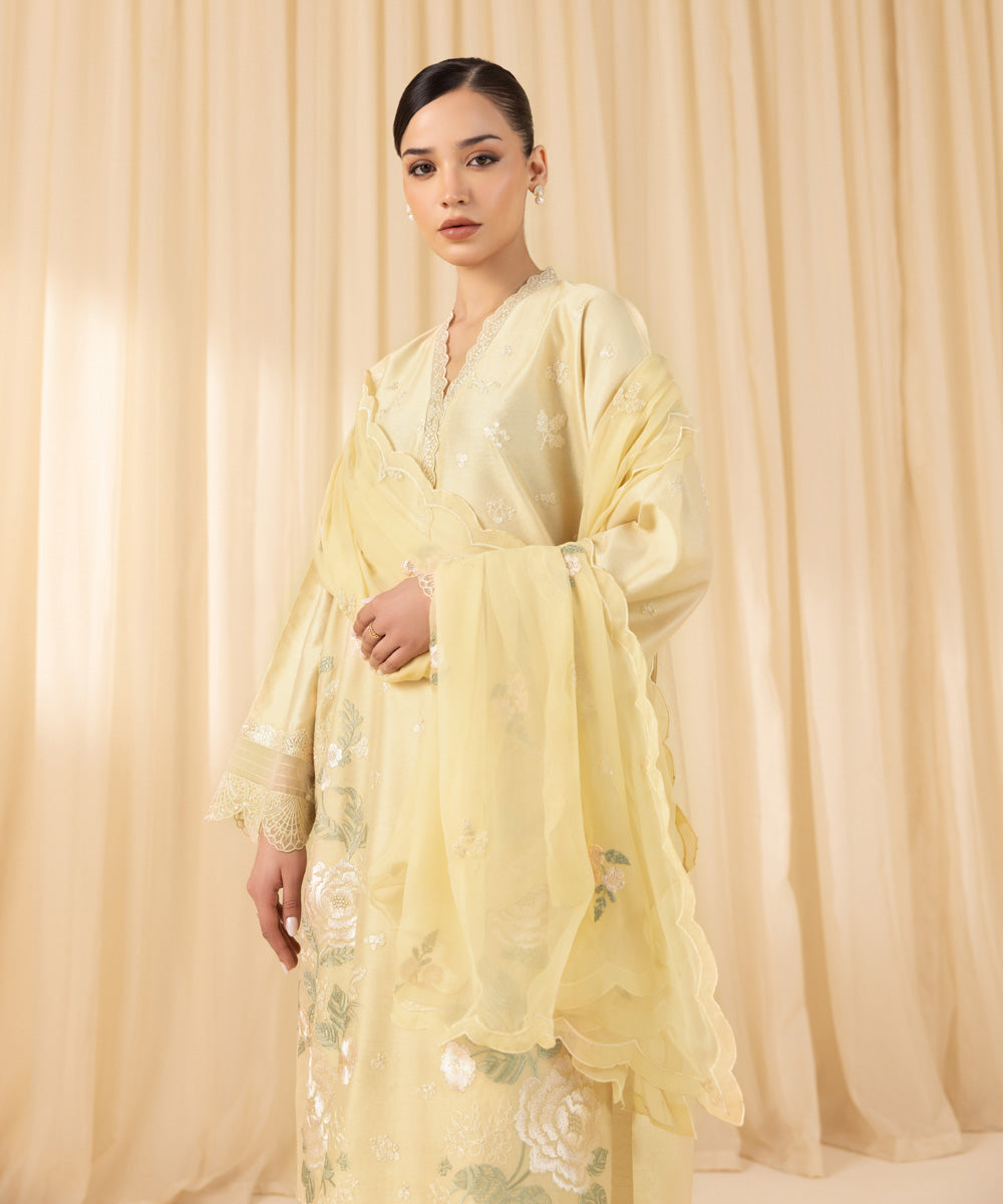 Women's Unstitched Embroidered Silk Cotton Net Yellow 3 Piece Suit