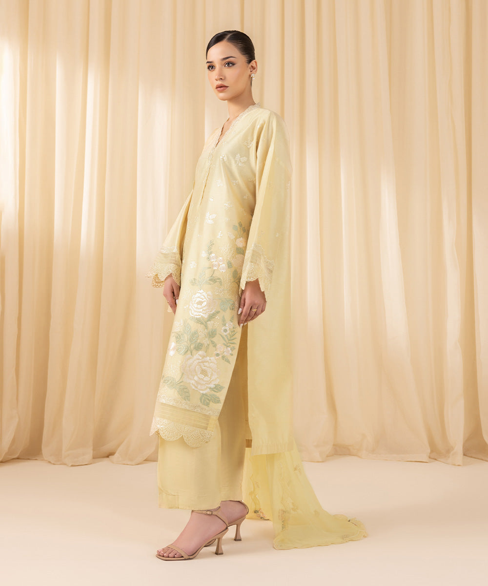 Women's Unstitched Embroidered Silk Cotton Net Yellow 3 Piece Suit