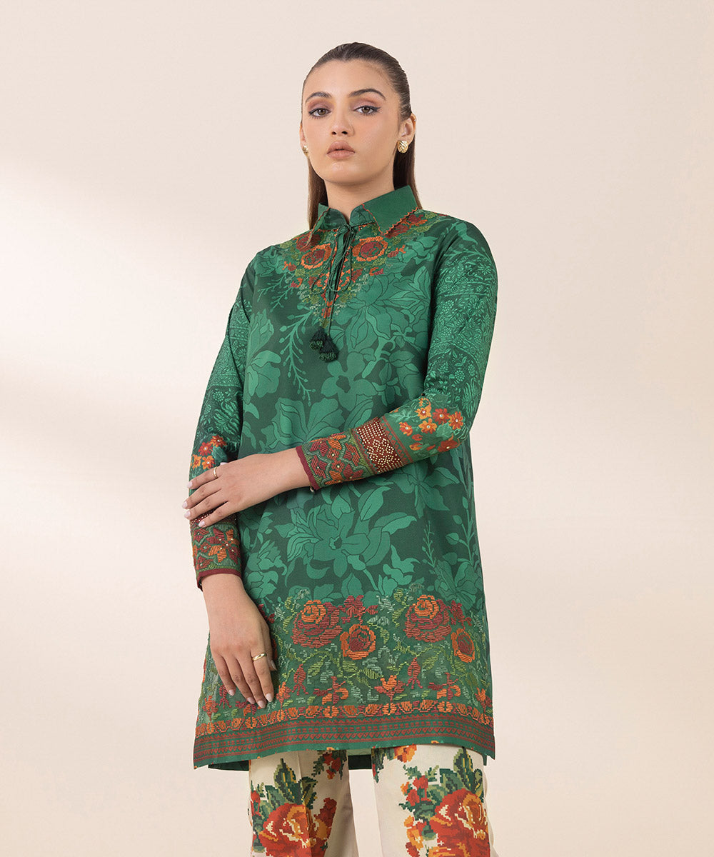 Unstitched Women's Embroidered Blended Grip Silk Green Two Piece Suit 