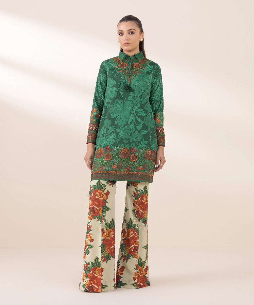 Unstitched Women's Embroidered Blended Grip Silk Green Two Piece Suit 