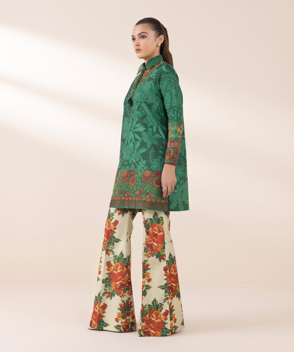 Unstitched Women's Embroidered Blended Grip Silk Green Two Piece Suit 