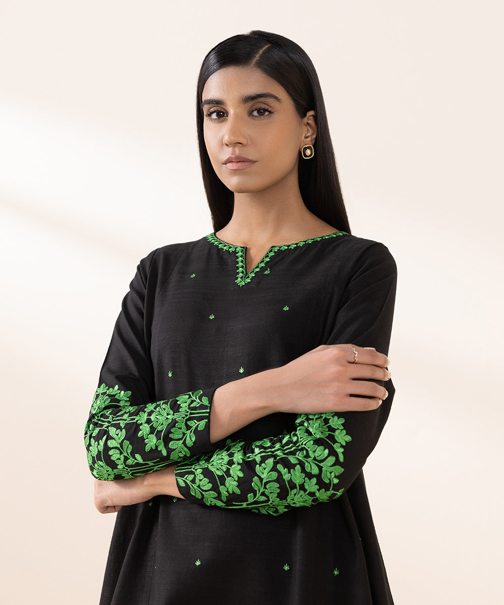 Women's Unstitched Khaddar Black Embroidered 2 Piece Suit 