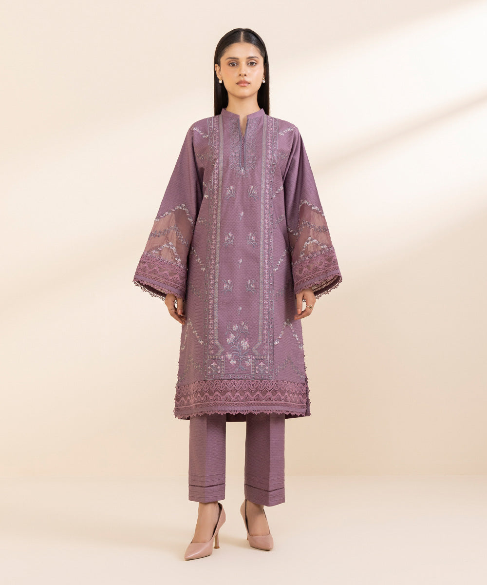 Women's Unstitched Dobby Embroidered Purple 2 Piece Suit