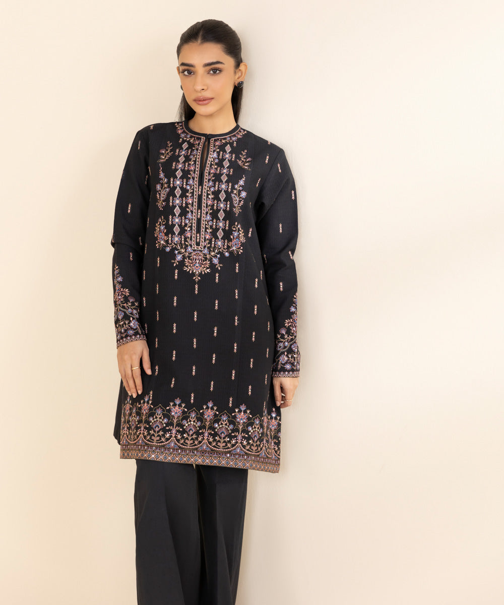 Women's Unstitched Dobby Embroidered Black 2 Piece Suit