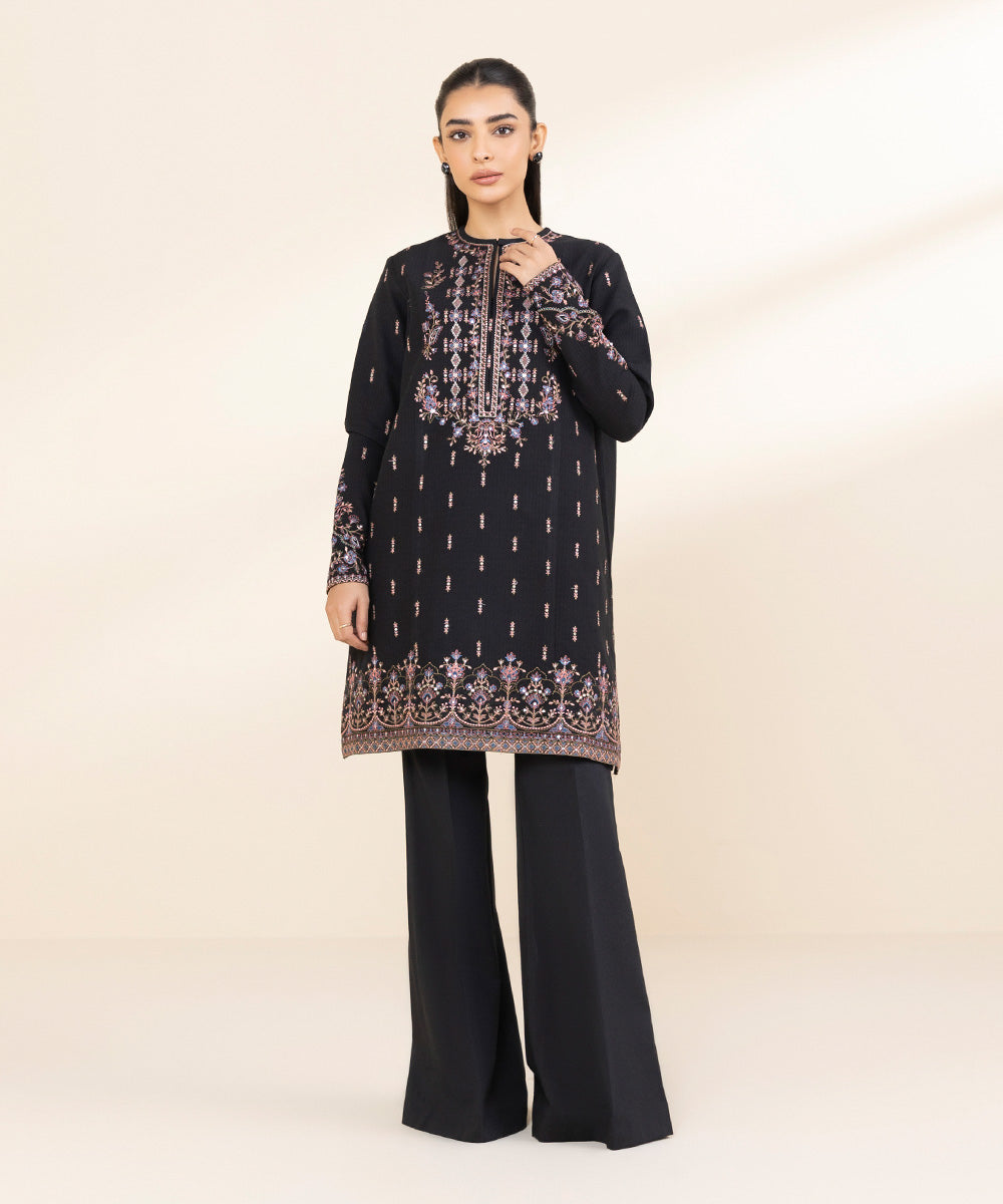 Women's Unstitched Dobby Embroidered Black 2 Piece Suit