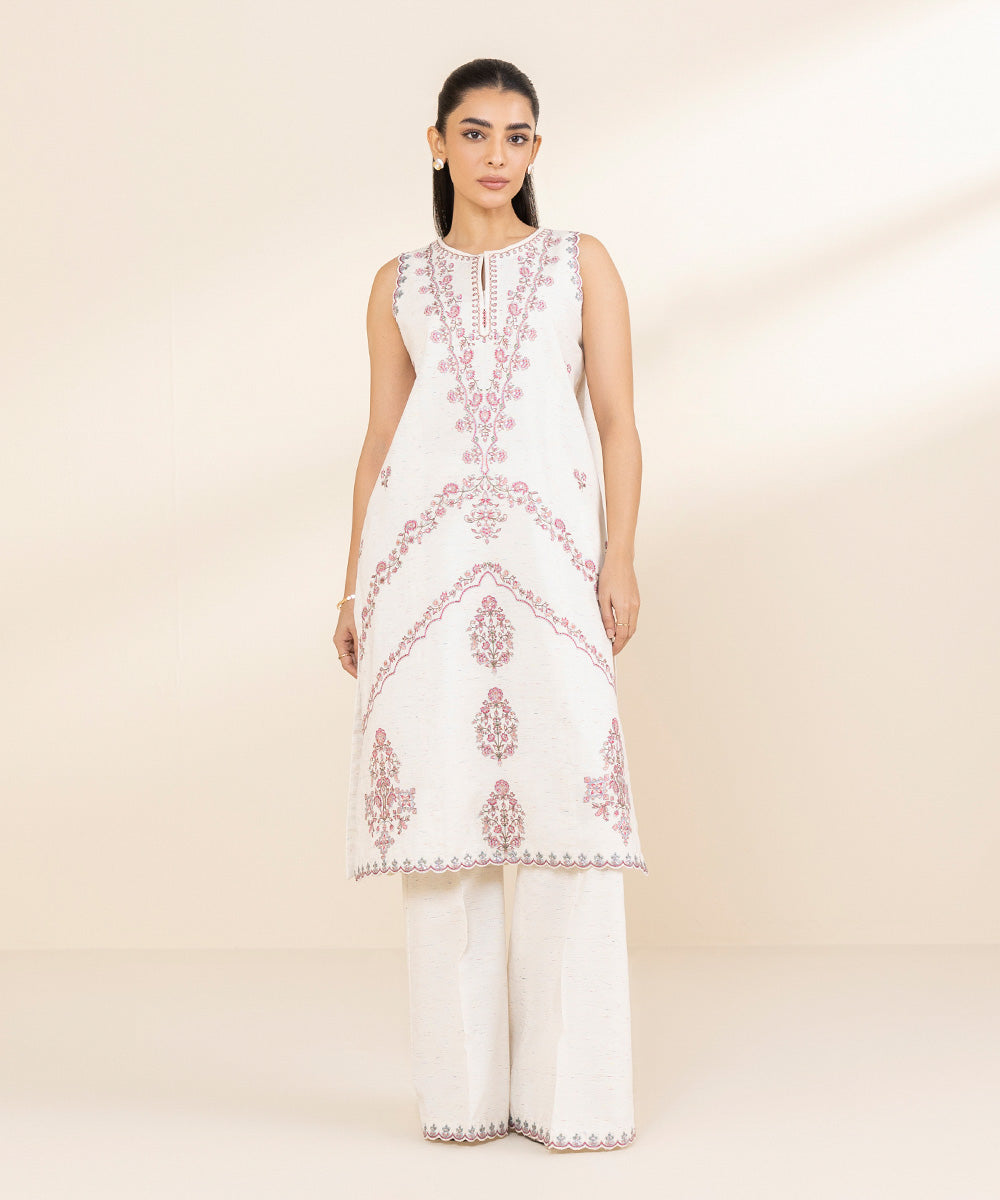 Women's Unstitched Multi Neps Embroidered Off White 2 Piece Suit