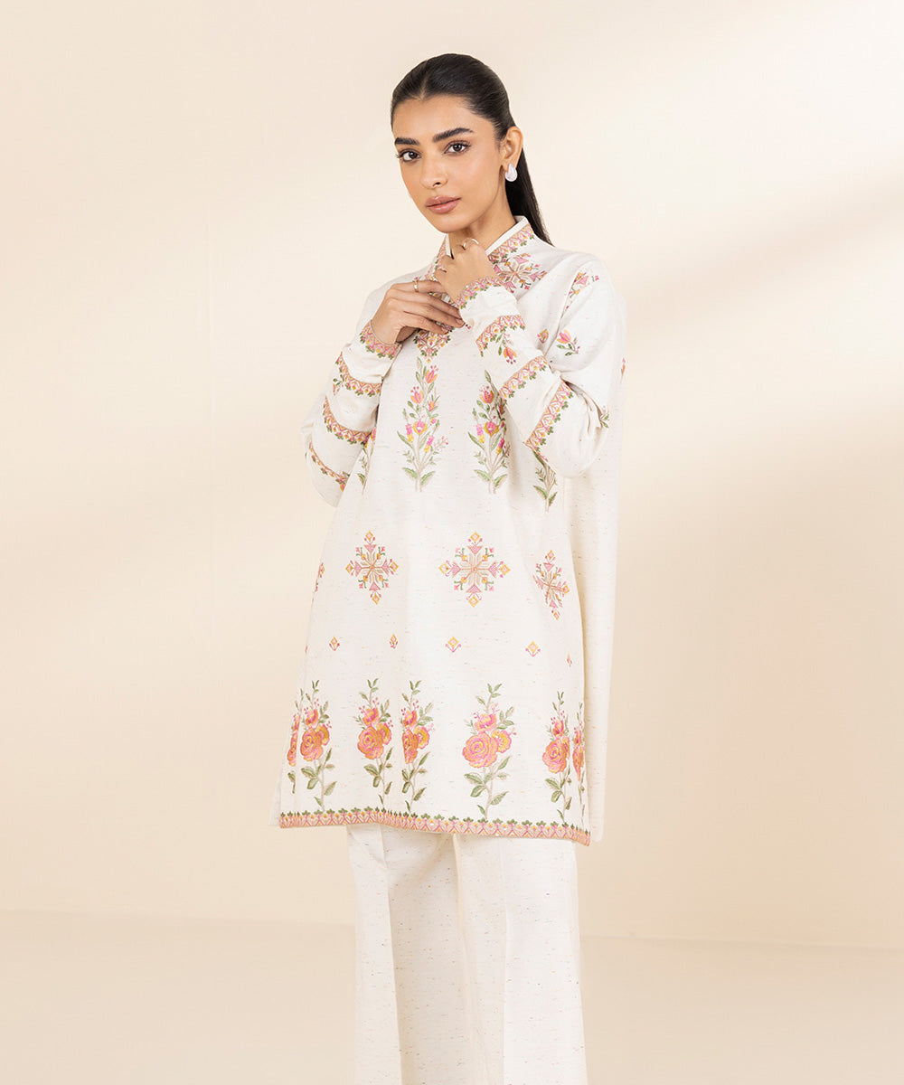 Women's Unstitched Multi Neps Embroidered Off White 2 Piece Suit