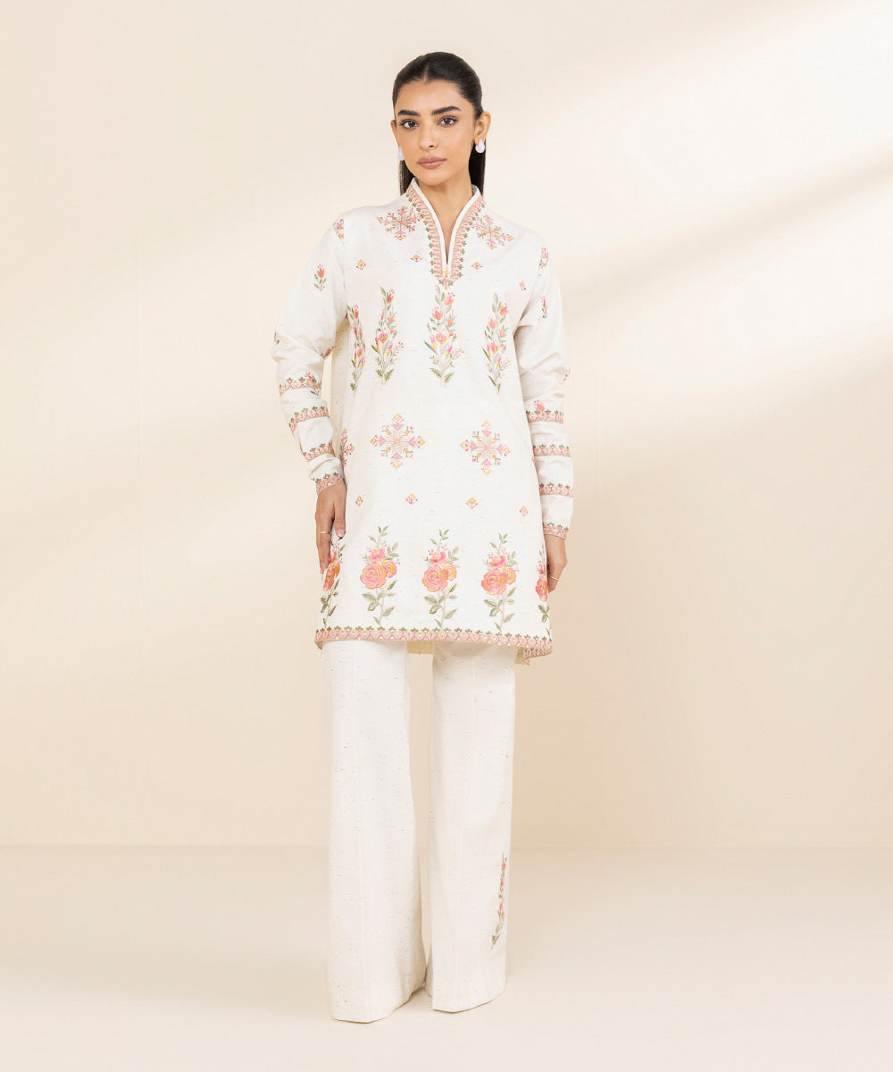 Women's Unstitched Multi Neps Embroidered Off White 2 Piece Suit