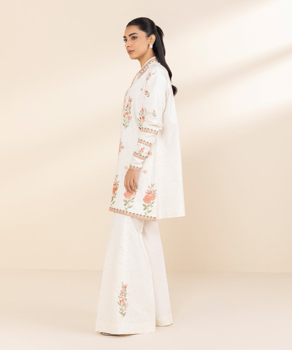 Women's Unstitched Multi Neps Embroidered Off White 2 Piece Suit