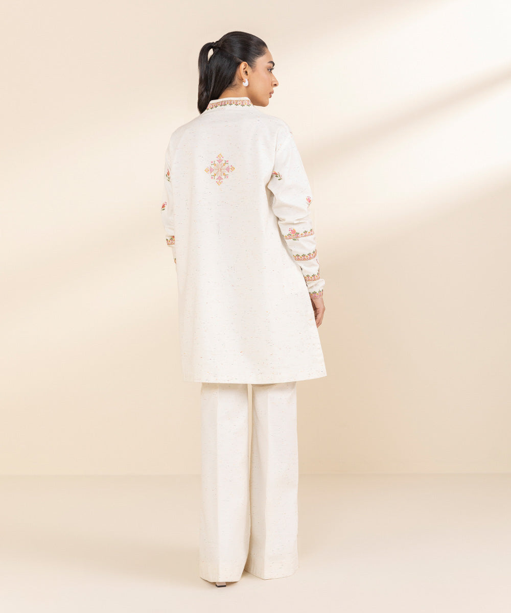 Women's Unstitched Multi Neps Embroidered Off White 2 Piece Suit