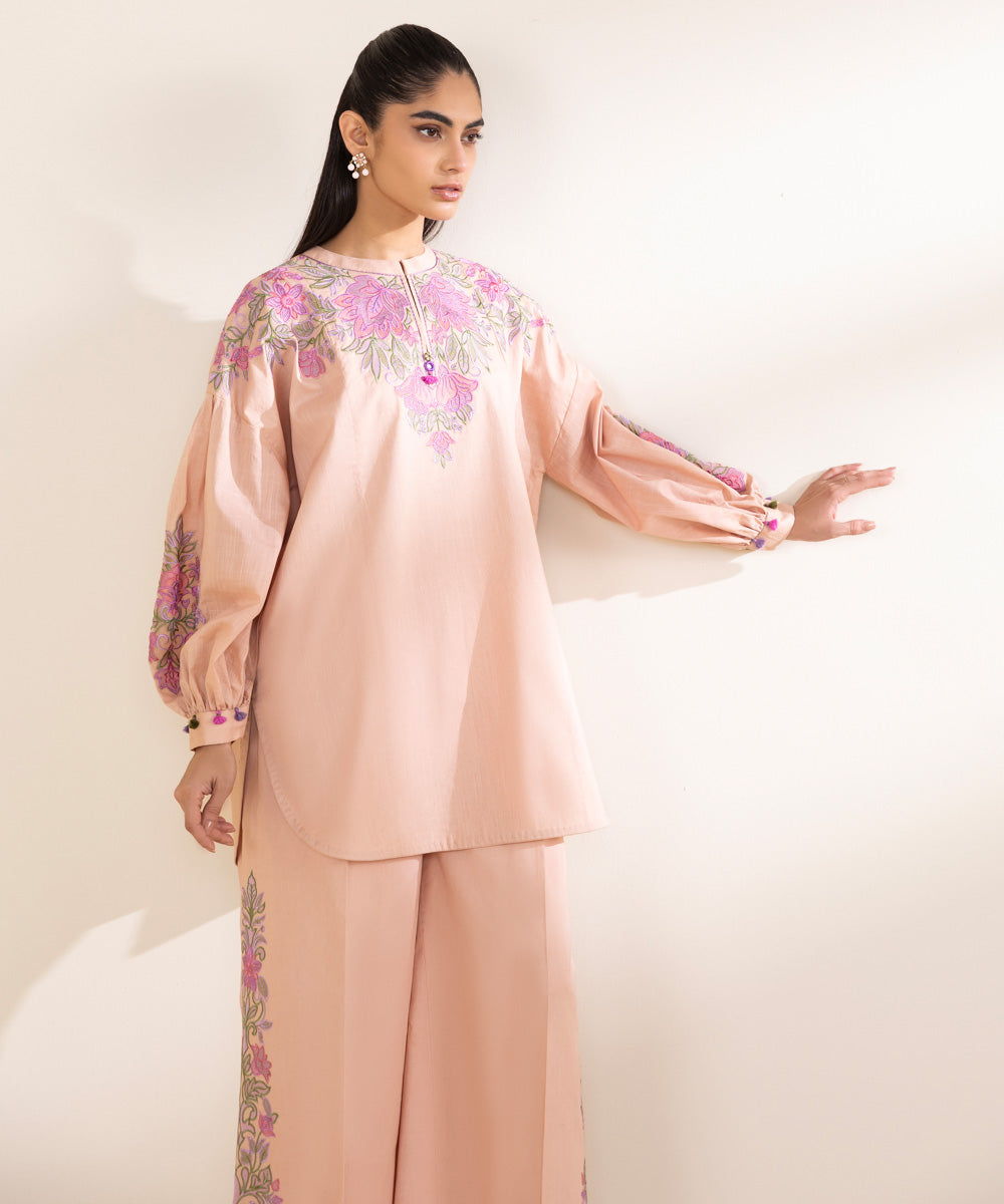 Unstitched Women's Embroidered Cross Hatch Pink Two Piece Suit 