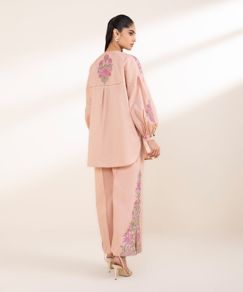 Unstitched Women's Embroidered Cross Hatch Pink Two Piece Suit 