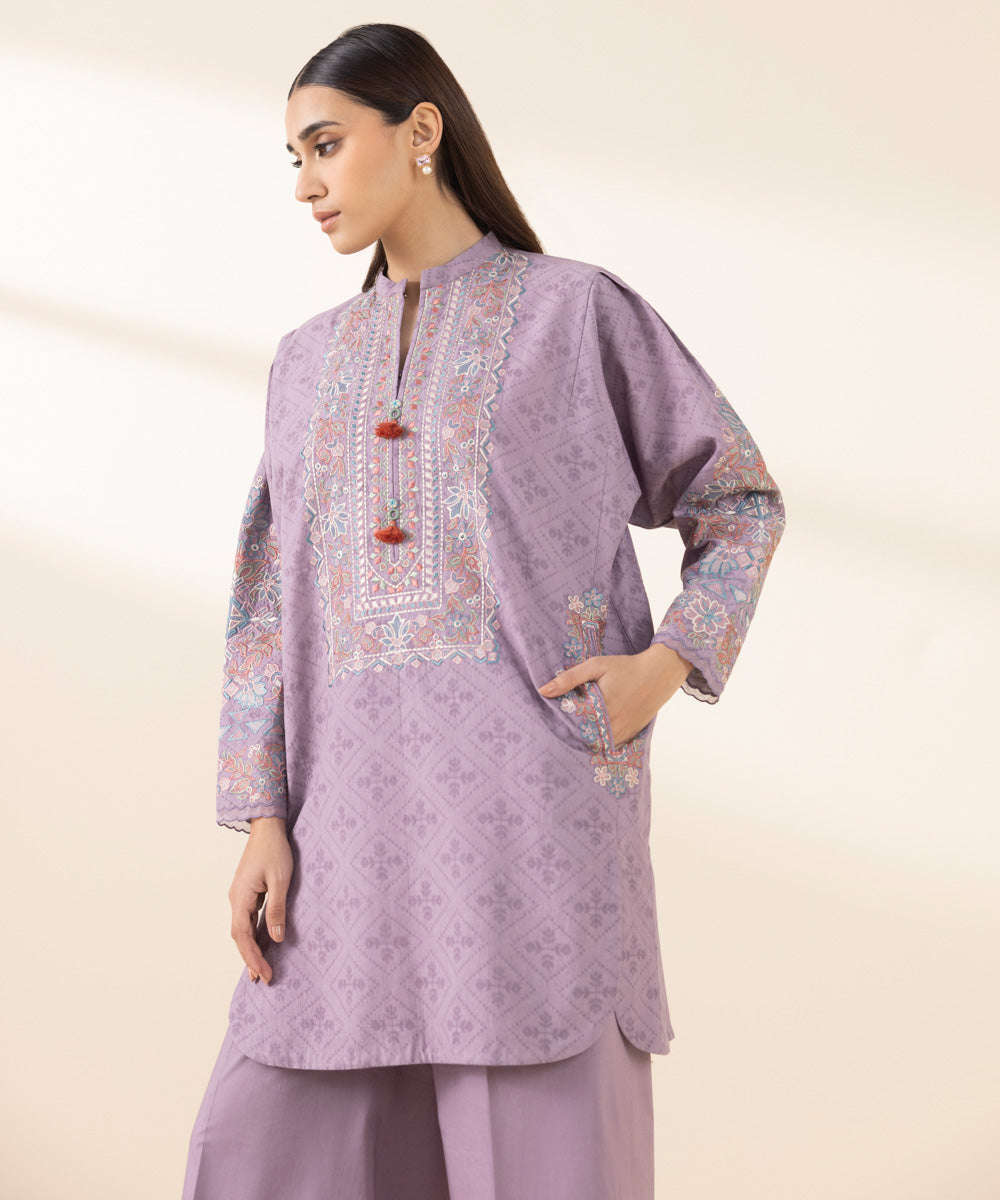 Unstitched Women's Embroidered Cotton Jacquard Purple Two Piece Suit 