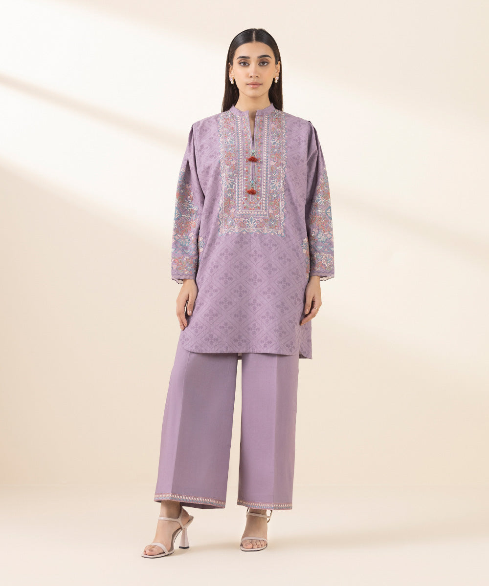 Unstitched Women's Embroidered Cotton Jacquard Purple Two Piece Suit 