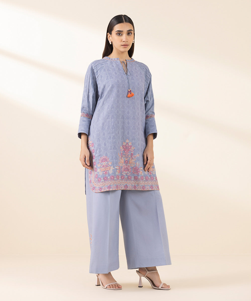 Unstitched Women's Embroidered Cotton Jacquard Blue Two Piece Suit 