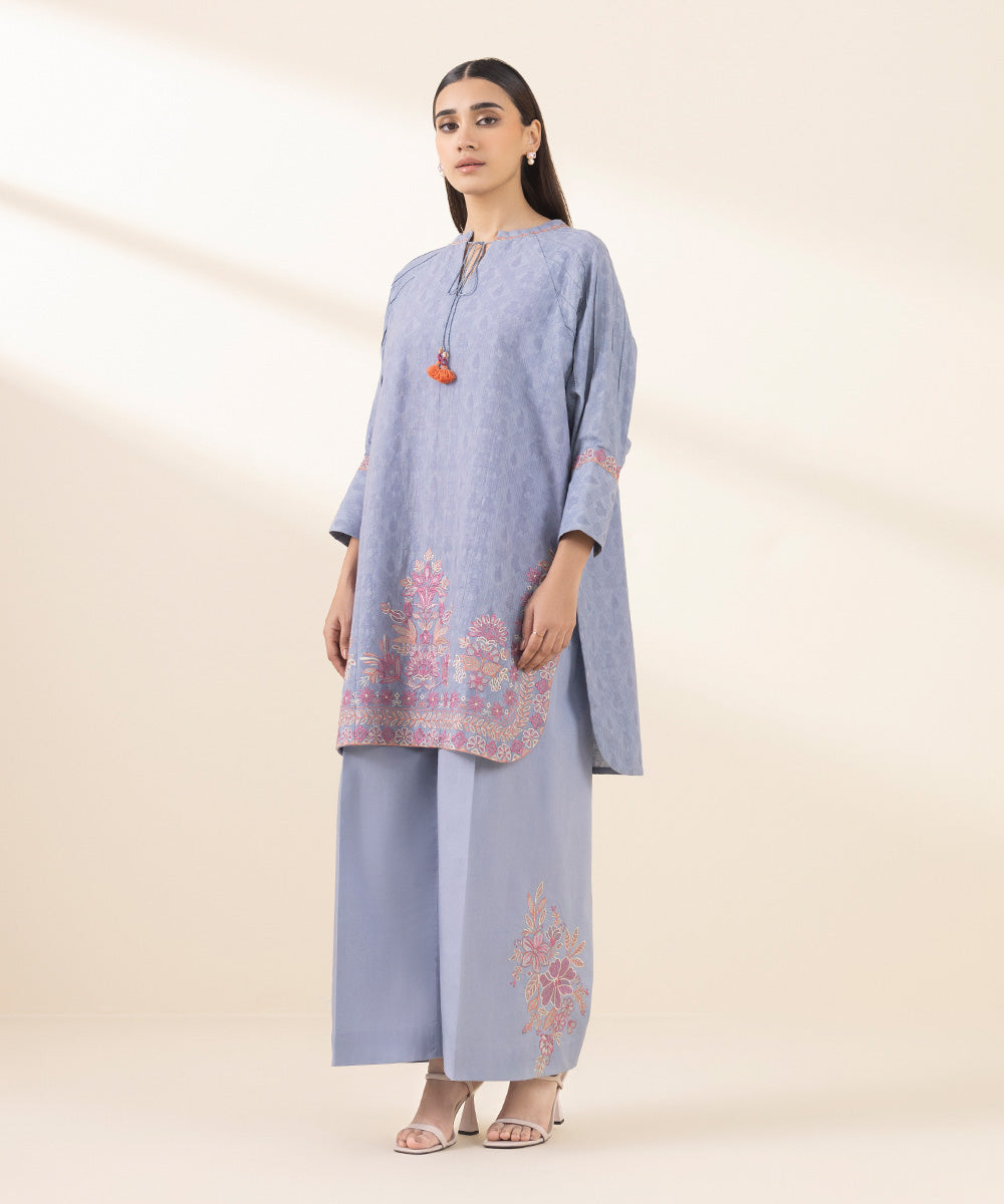 Unstitched Women's Embroidered Cotton Jacquard Blue Two Piece Suit 