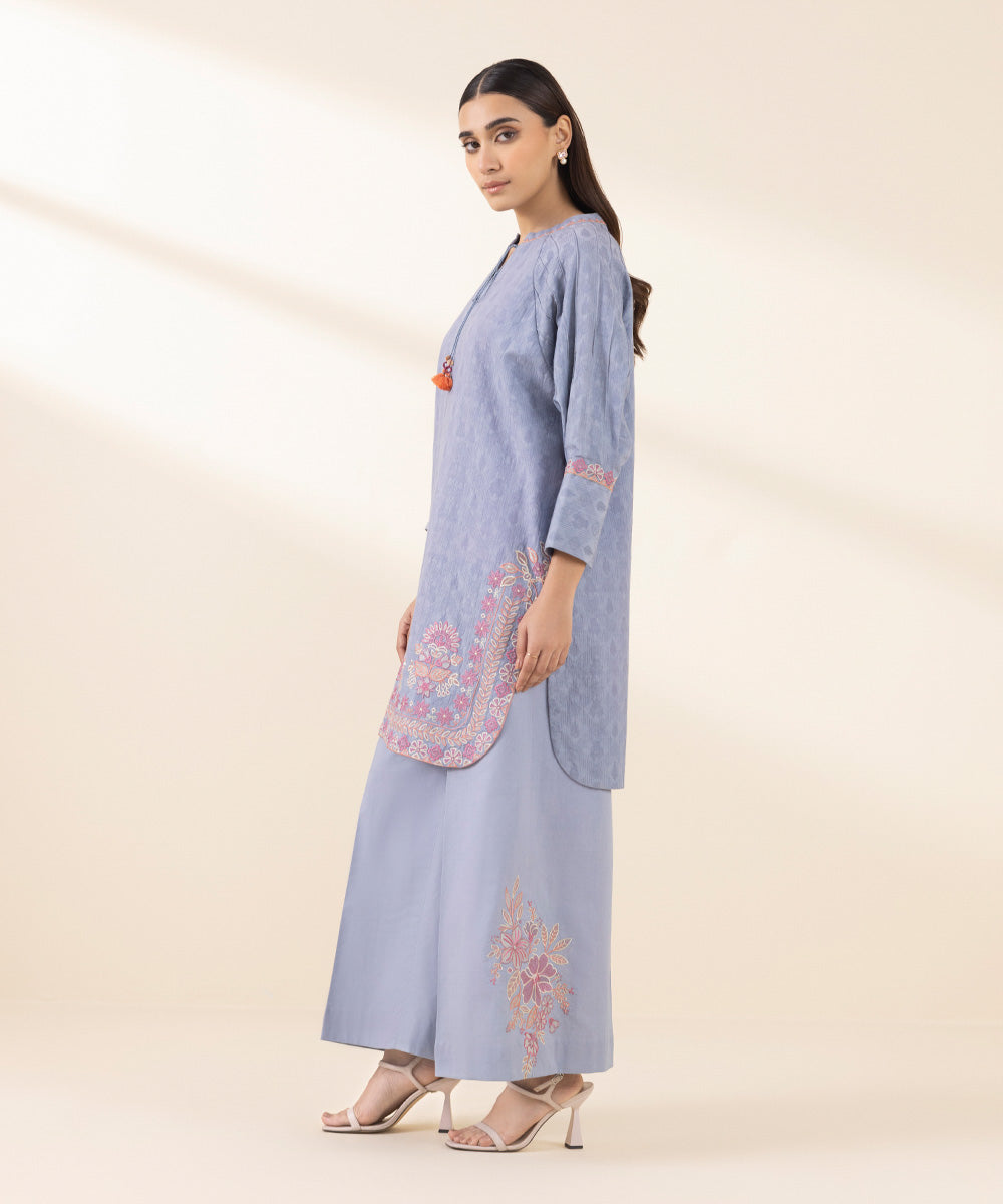 Unstitched Women's Embroidered Cotton Jacquard Blue Two Piece Suit 