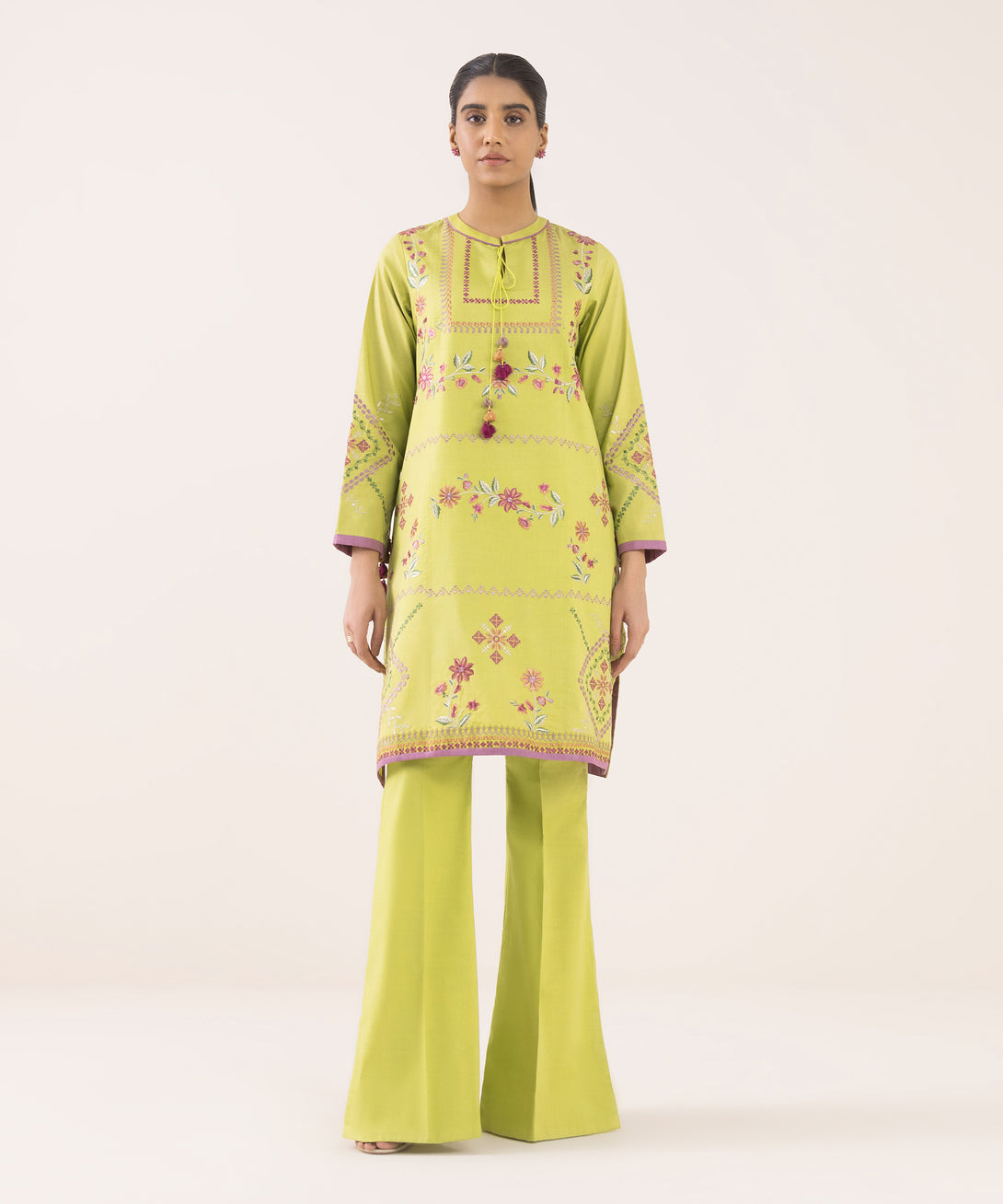 Women's Unstitched Cotton Embroidered Green Two Piece Suit