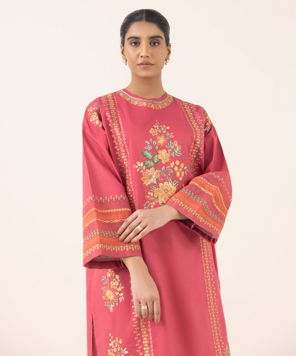 Women's Unstitched Cotton Embroidered Red Two Piece Suit