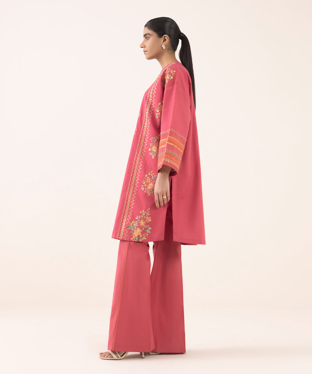 Women's Unstitched Cotton Embroidered Red Two Piece Suit