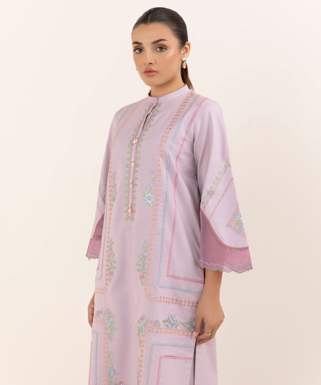 Women's Unstitched Cotton Embroidered Lilac Two Piece Suit