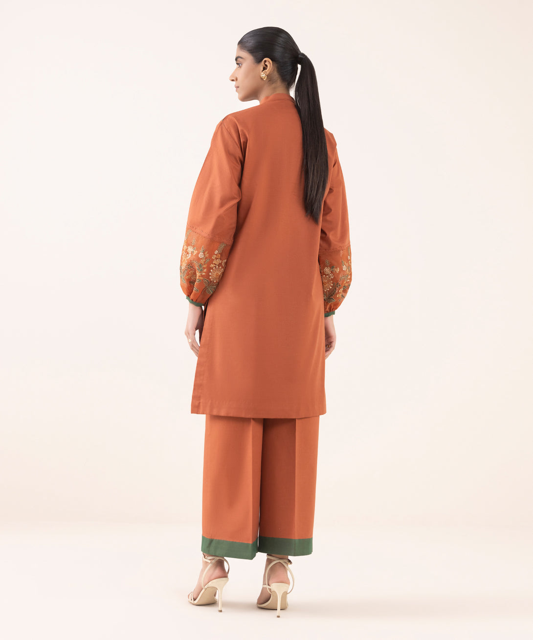 Women's Unstitched Cotton Embroidered Rust Two Piece Suit