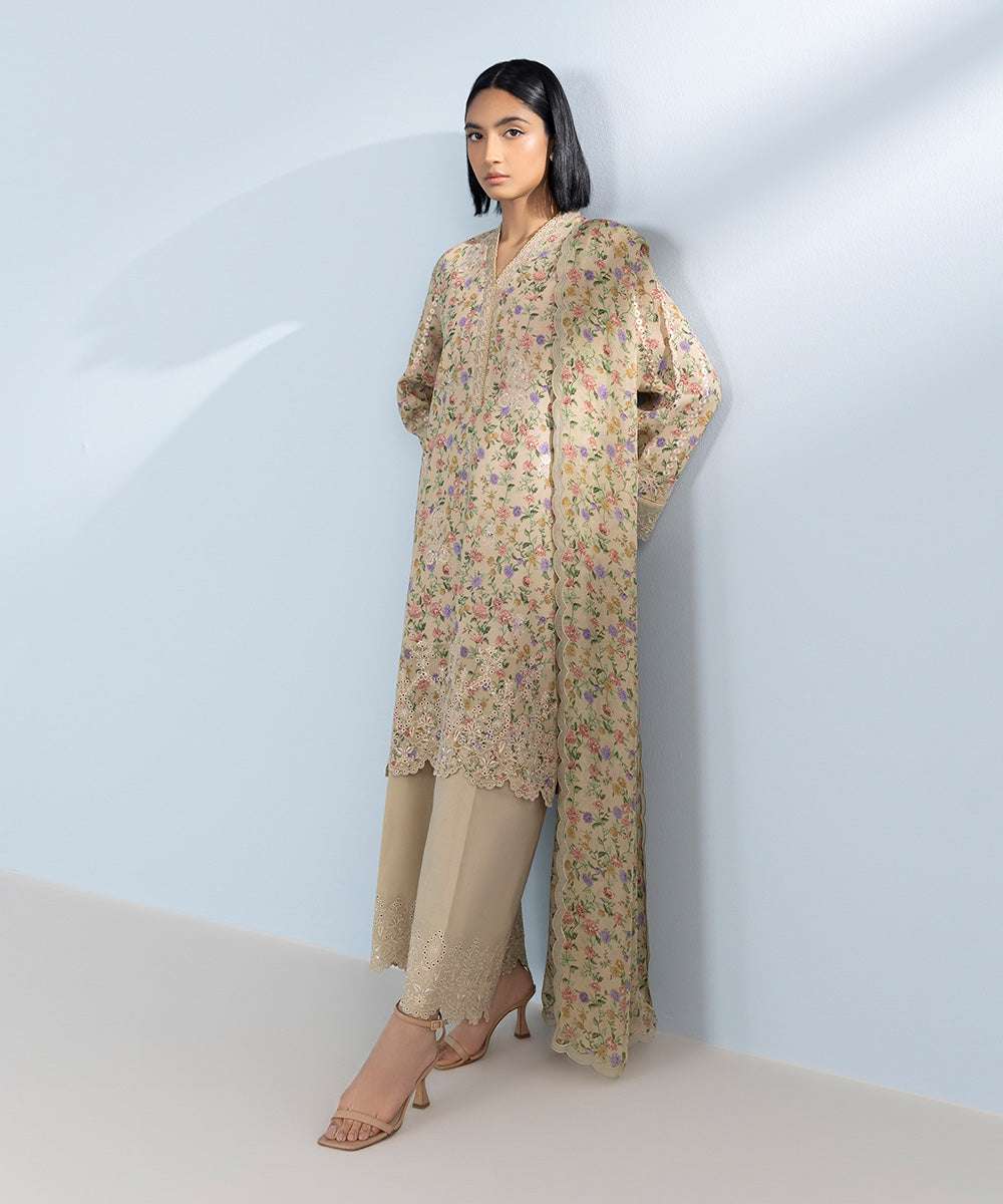 Women's Unstitched Pima Lawn Embroidered beige 3 Piece Suit