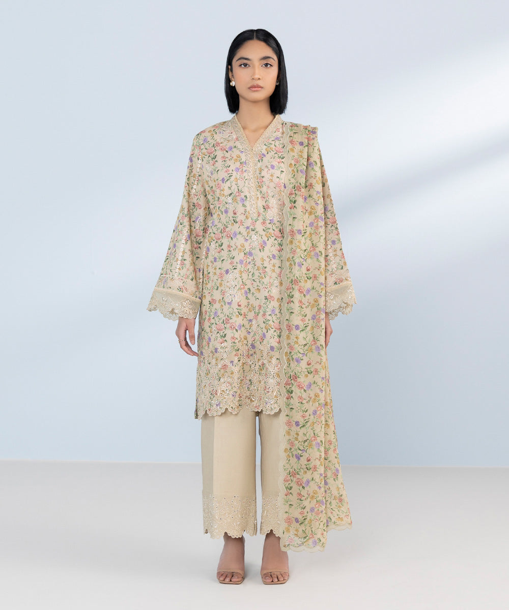 Women's Unstitched Pima Lawn Embroidered beige 3 Piece Suit