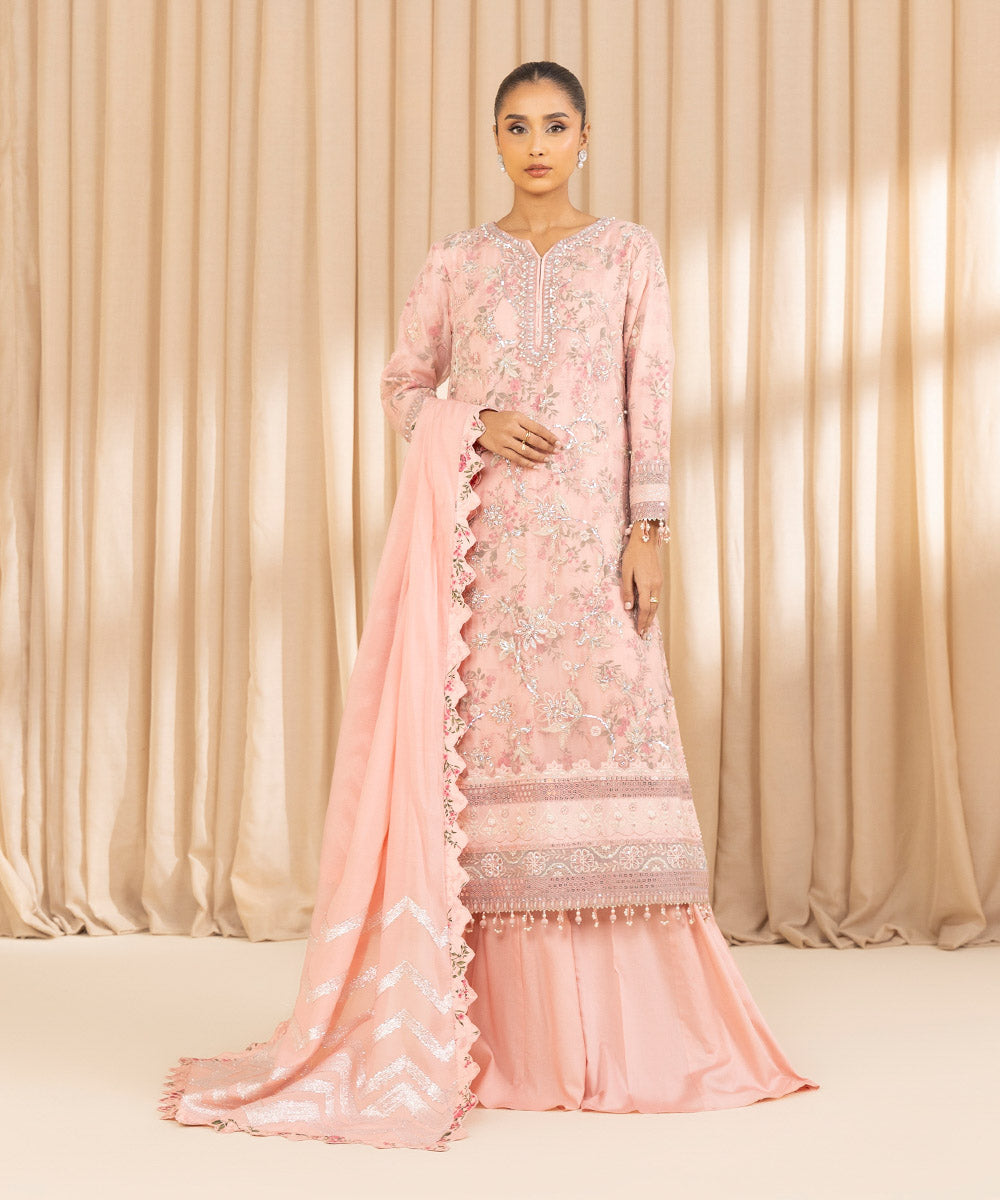 Women's Unstitched Crinkle Chiffon Embroidered Pink 3 Piece Suit