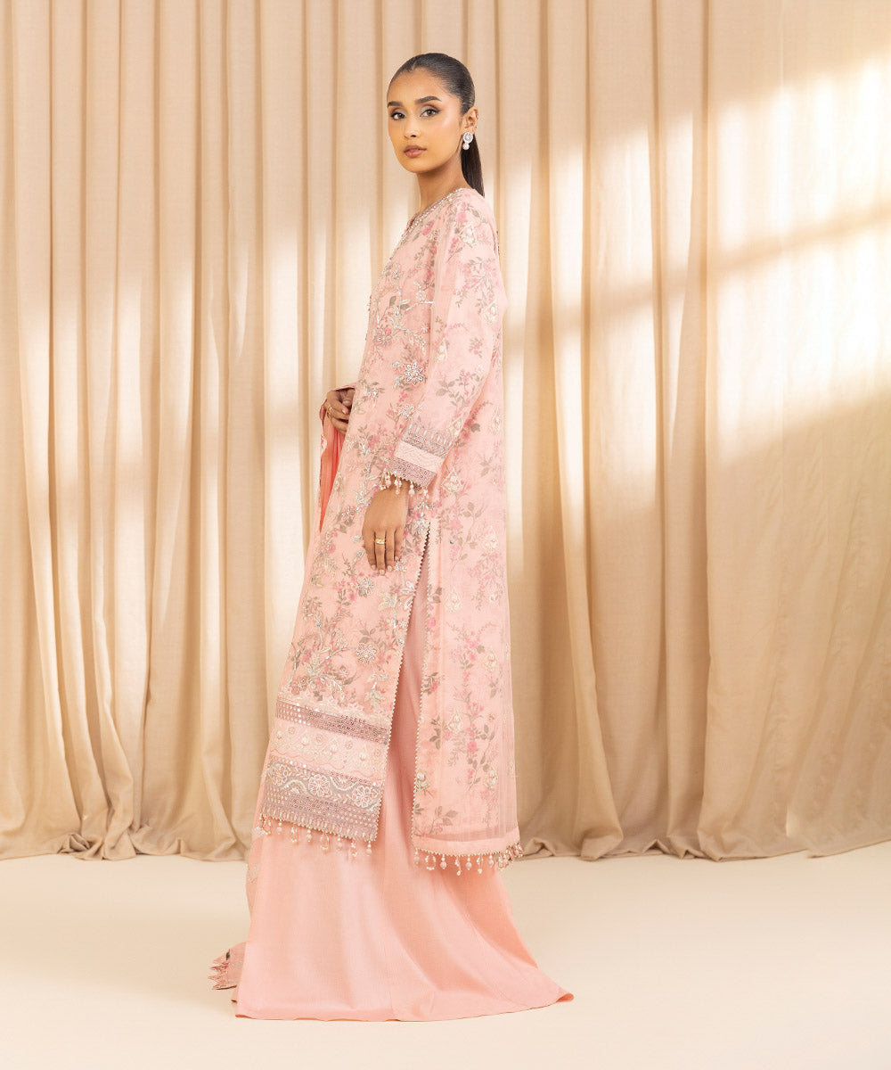 Women's Unstitched Crinkle Chiffon Embroidered Pink 3 Piece Suit