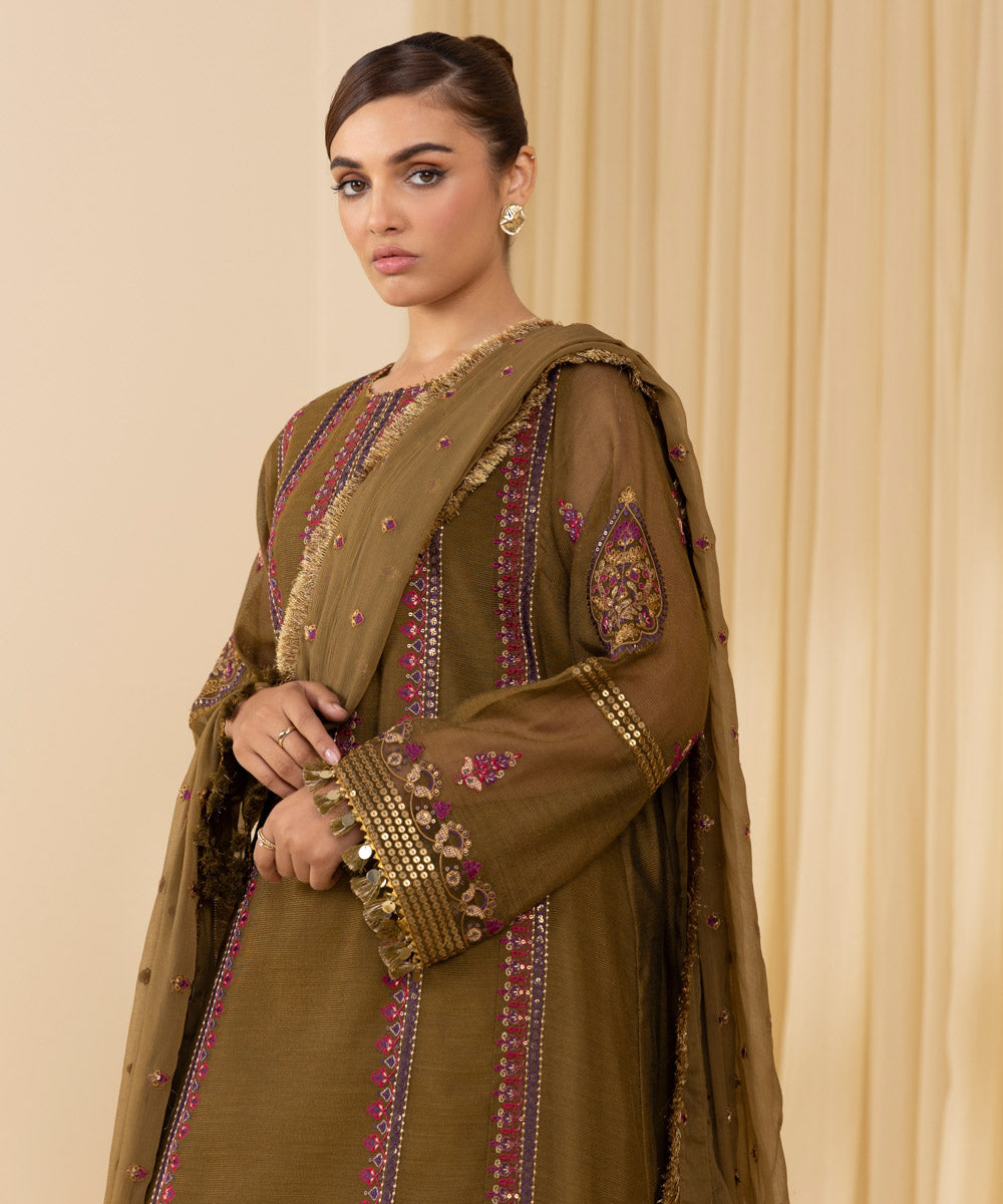 Unstitched Women's Green Khaddi Net 3 Piece Suit