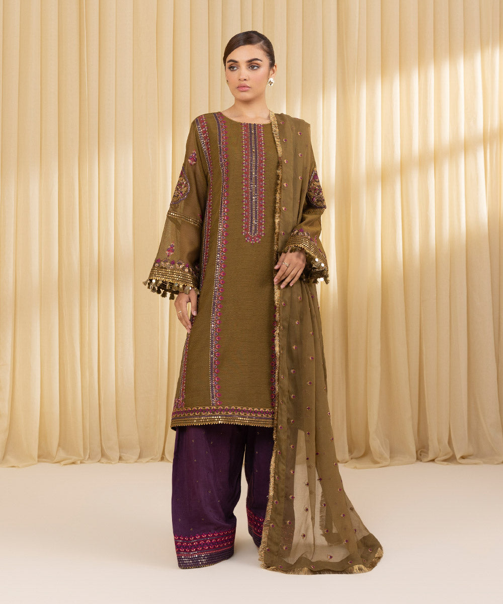 Unstitched Women's Green Khaddi Net 3 Piece Suit