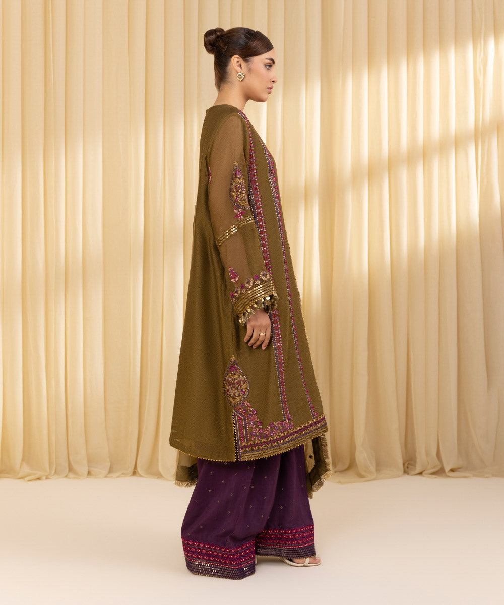 Unstitched Women's Green Khaddi Net 3 Piece Suit