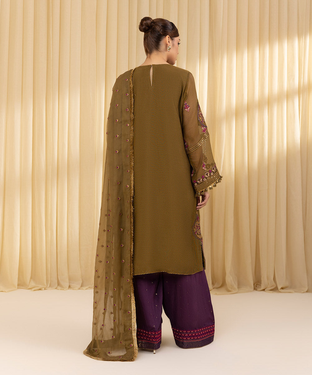 Unstitched Women's Green Khaddi Net 3 Piece Suit