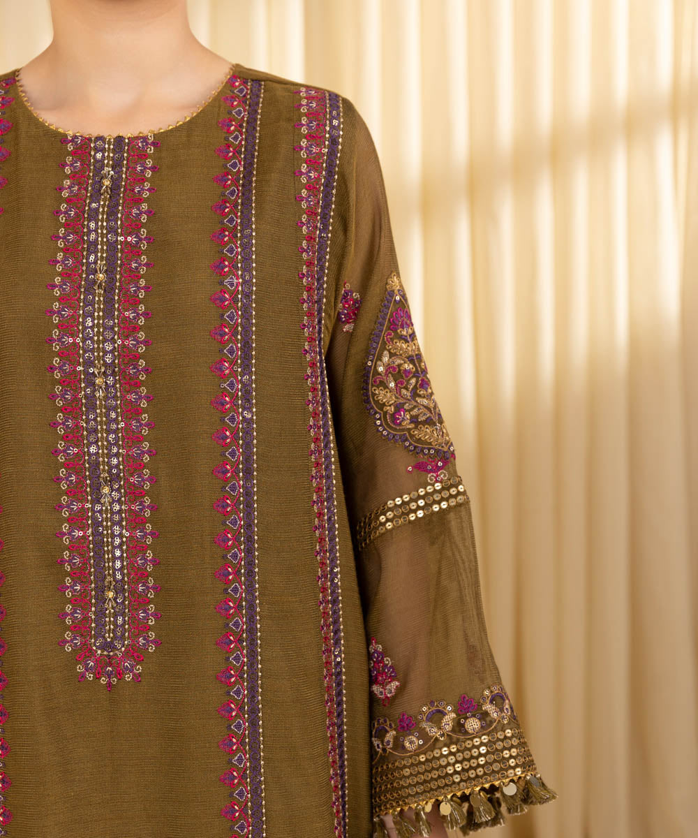 Unstitched Women's Green Khaddi Net 3 Piece Suit