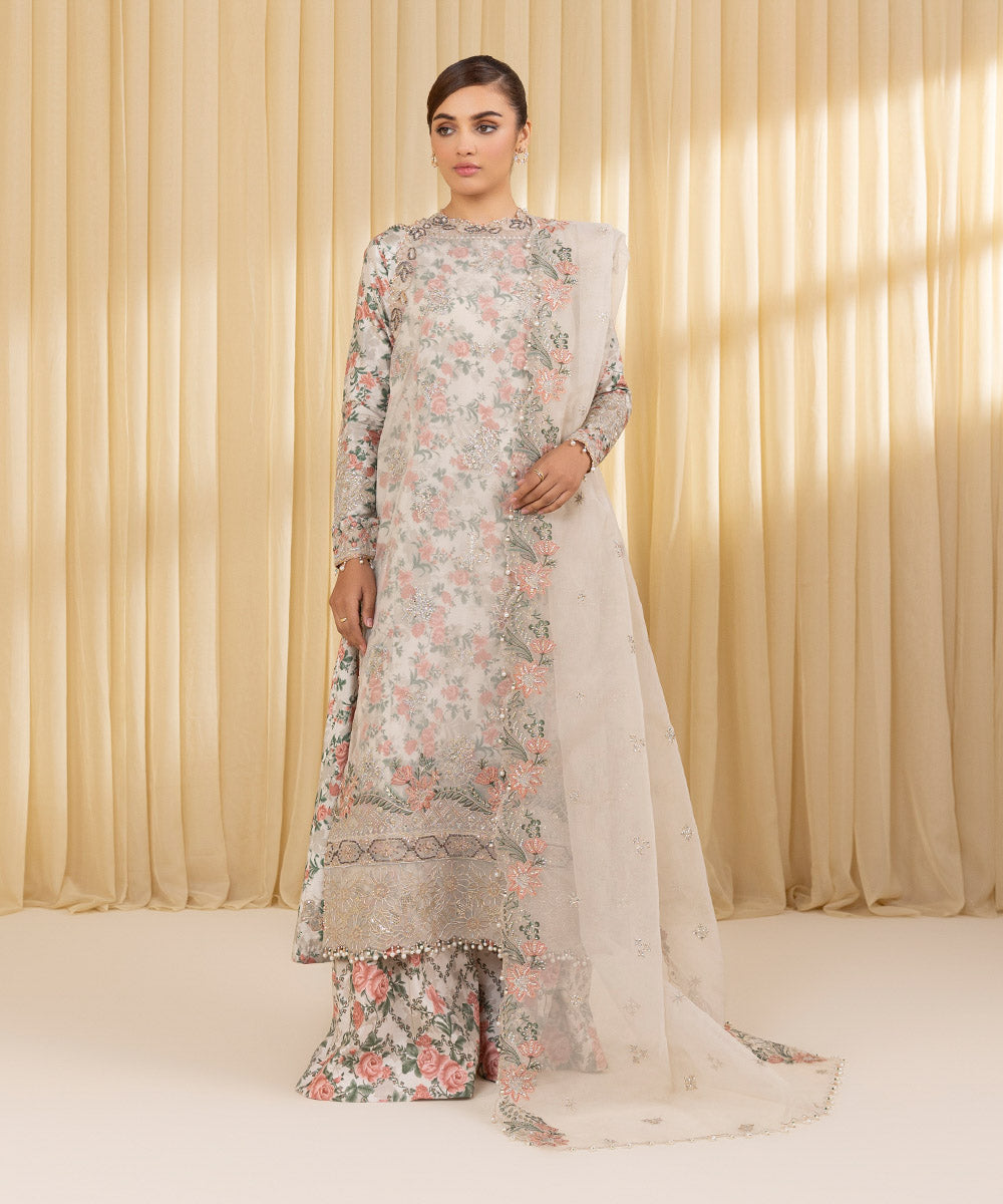 Unstitched Women's Off White Blended Organza 3 Piece Suit