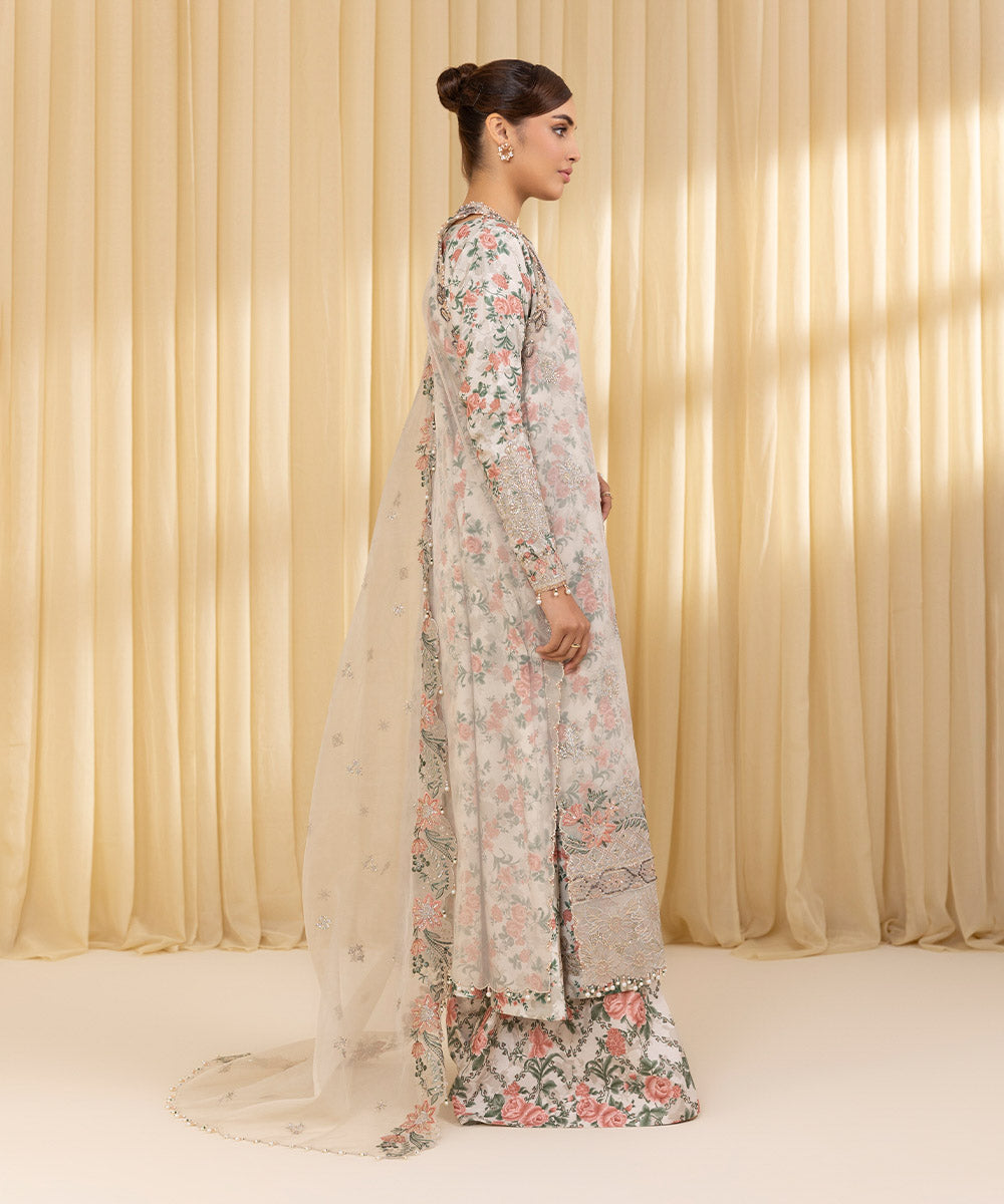Unstitched Women's Off White Blended Organza 3 Piece Suit