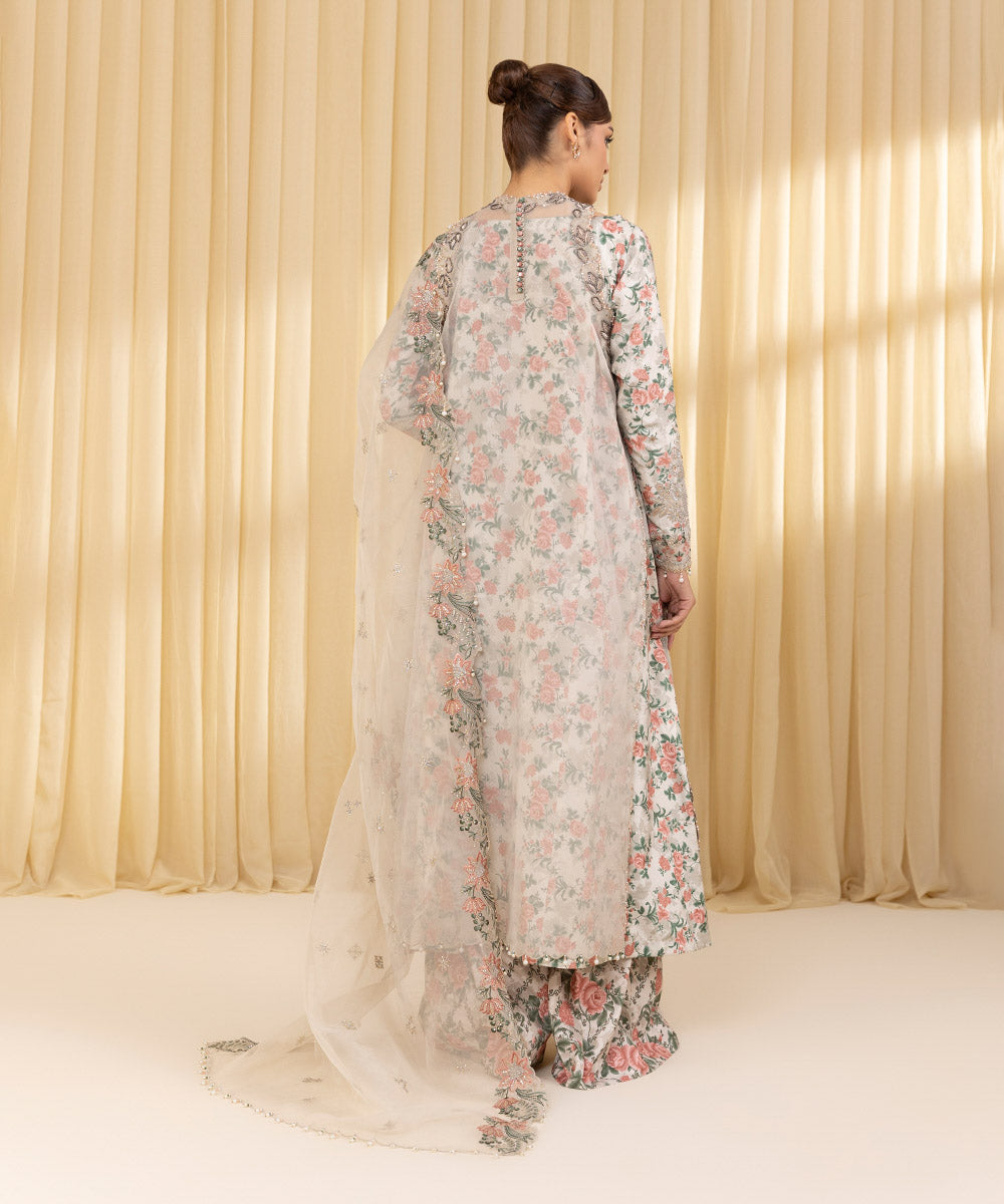 Unstitched Women's Off White Blended Organza 3 Piece Suit