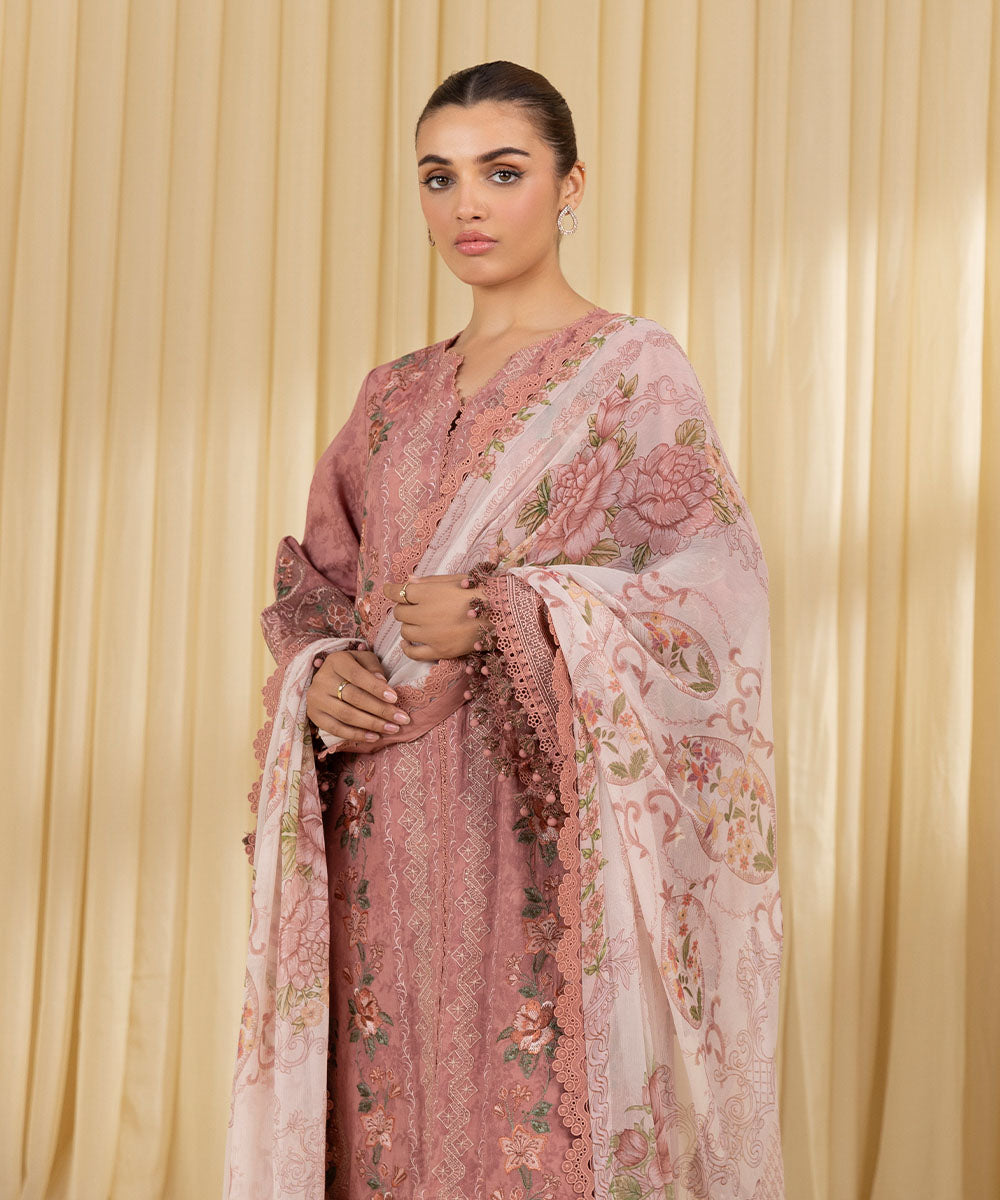 Unstitched Women's Pink Jacquard Embroidered 3 Piece Suit 