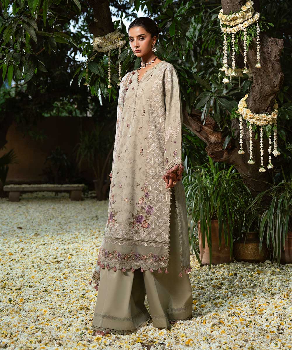 Unstitched Women's Green Cotton Jacquard 3 Piece Suit