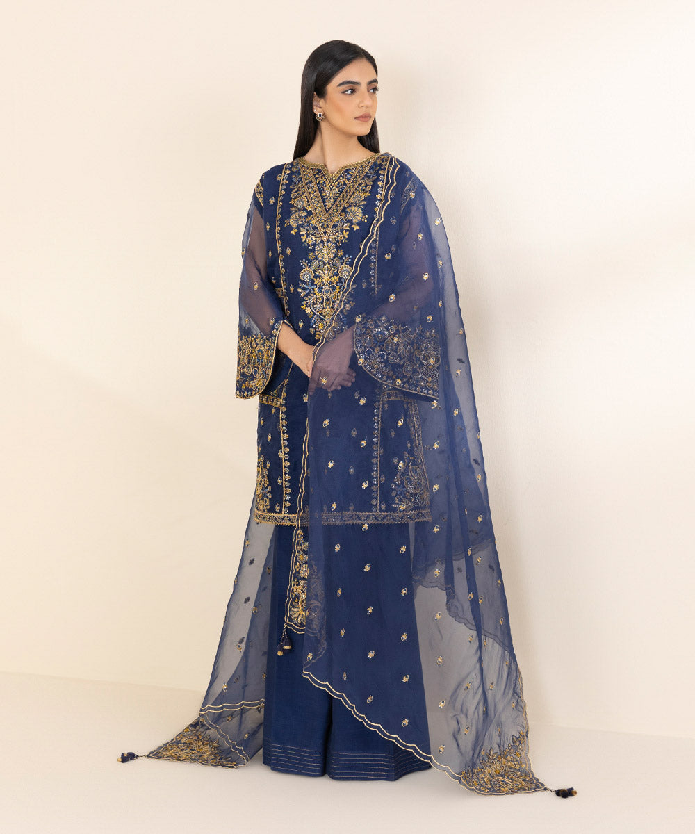 Women's Unstitched Blue Blended Organza, Organza 3 Piece Suit 