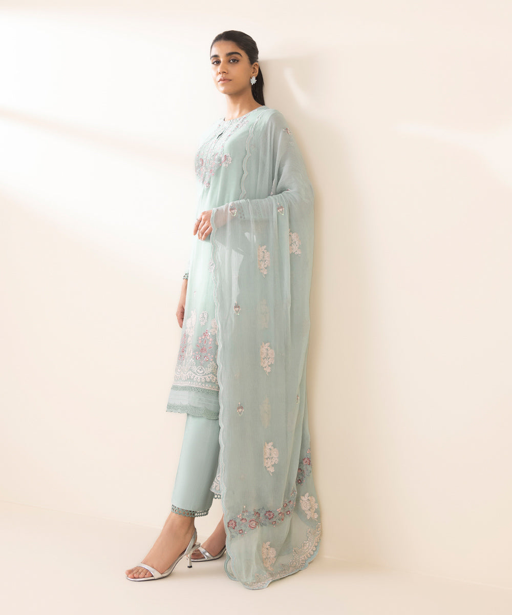 Women's Unstitched Green Blended Chiffon, Chiffon 3 Piece Suit 